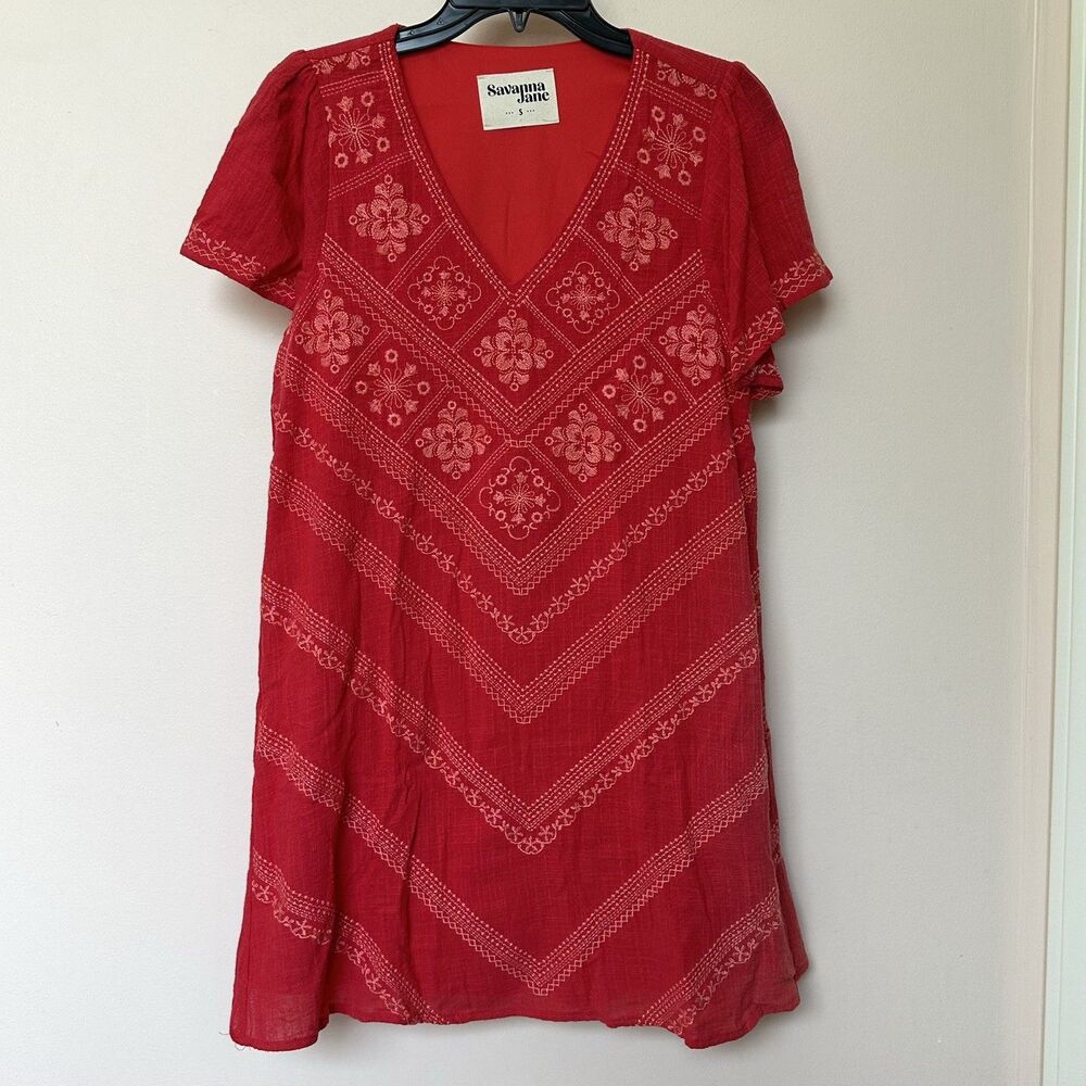 Savanna Jane Mini Dress Small Red Floral Embroidered Tunic V Neck Boho Western